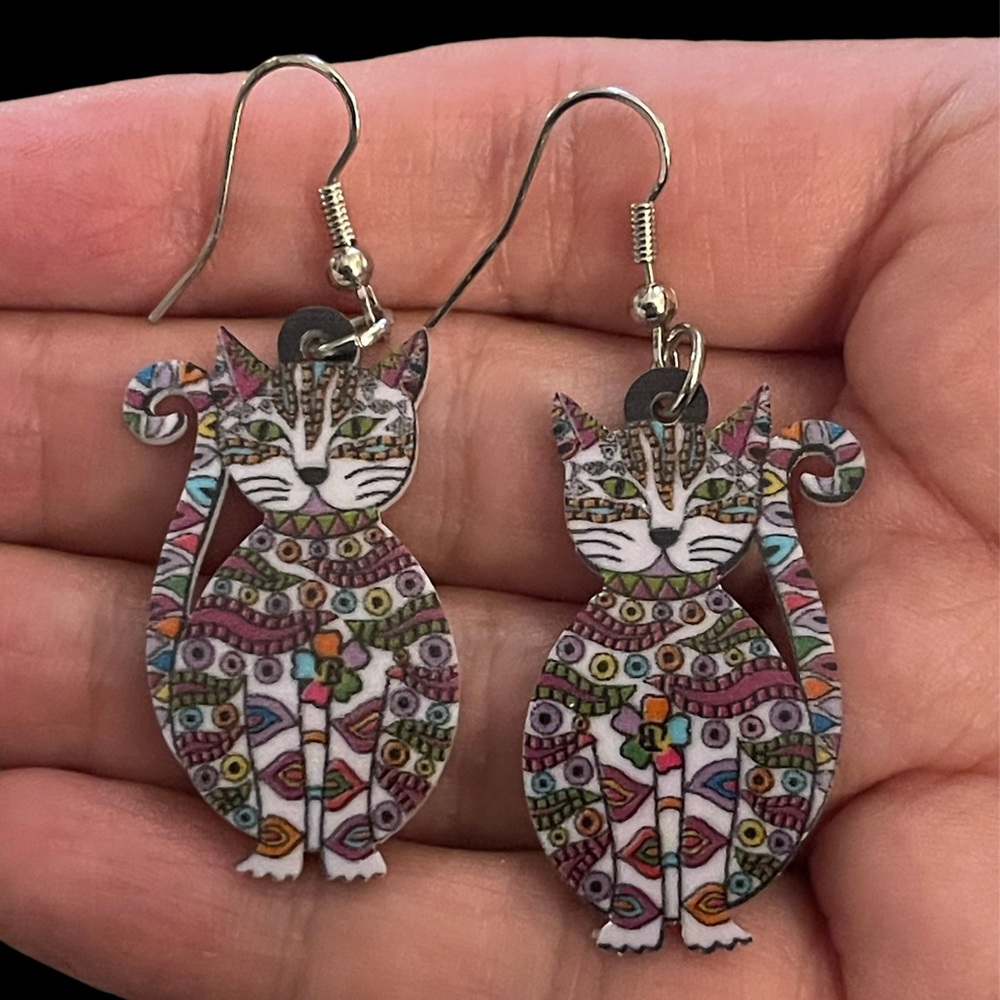 Floral cat silver tone metal hoop earrings